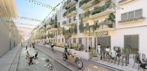 Rendering von Gebäuden mit Begrünung, gemeinsam genutzter Fläche, Food Coop, netten Lichtern, einem Fahrradstreifen und einer Straße, wo Kinder spielen