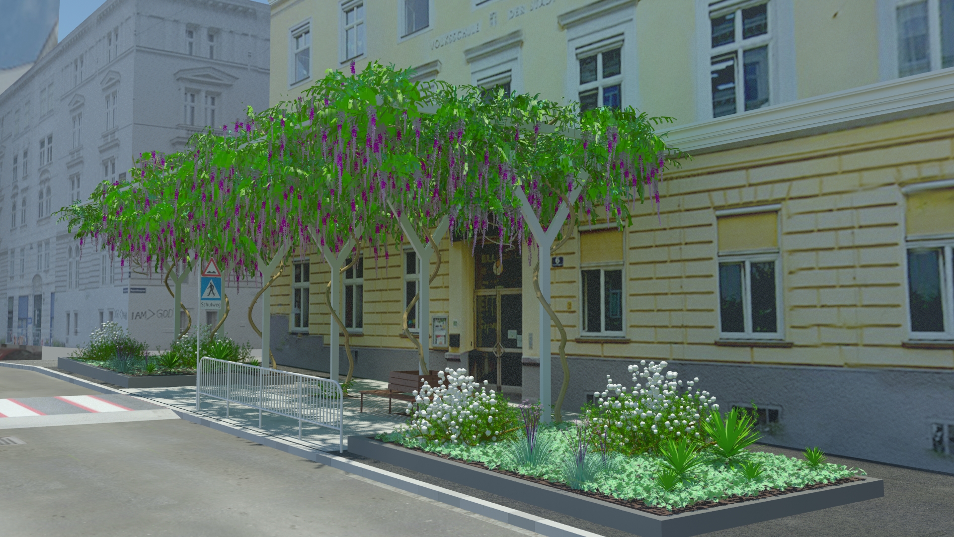 Grafik von Begrünungslösung vor einer Volksschule in Wien