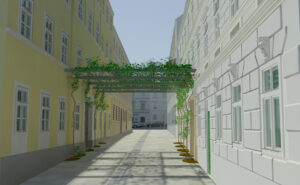 Grafik von einer Begrünungslösung in Wien, Querbalken von Haus zu Haus, Pflanzen sind links und rechts an der Hauswand gesetzt und ranken sich hoch