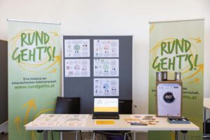 Messestand auf Österreichischer Abfallwirtschaftstagung 2022 mit Roll-ups und Unterlagen von Rund Geht's