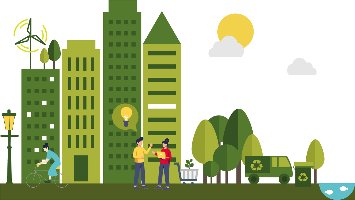 Grafische Darstellung der Leistungen von tatwort mit Windrad, Energielösungen, Ideen, nachhaltiger Mobilität, Abfallmanagement, Trinkwasser- und Abwassermanagement, nachhaltige Stadtentwicklung